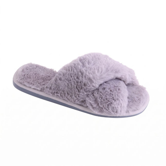 BELSTA The Ash Fluffy Slippers — women's open-toe slide with ash-grey plush crossover straps, front view