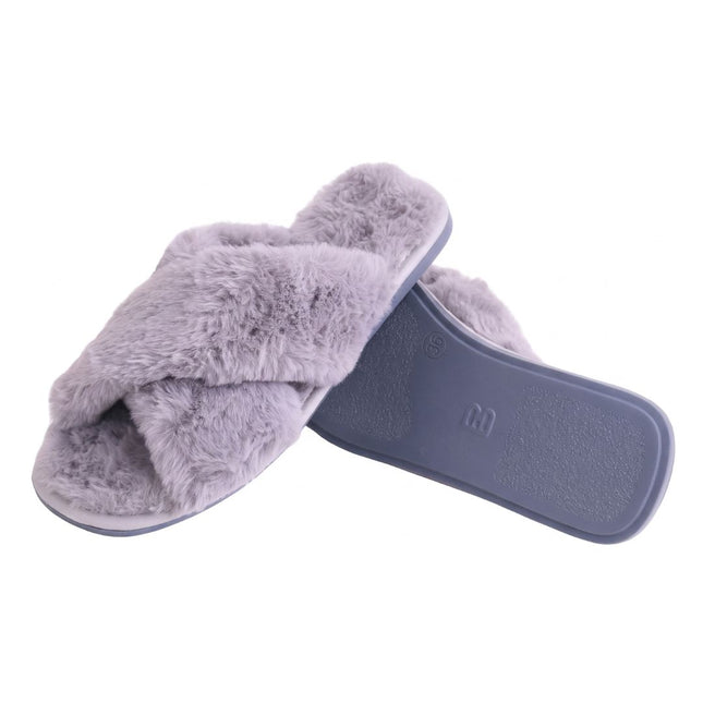 The Ash Fluffy Slippers by BELSTA — side view of the plush crossover straps and non-slip sole