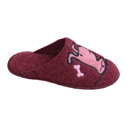 BELSTA The Bone Felt Slippers — women's wide-fit closed-toe mule in wine-red Italian felt with velour dog applique, front view