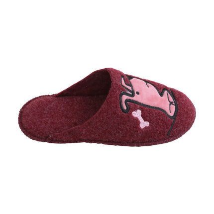Women's wine-red felt slippers — close-up of the velour dog applique and Where is my bone? stitch