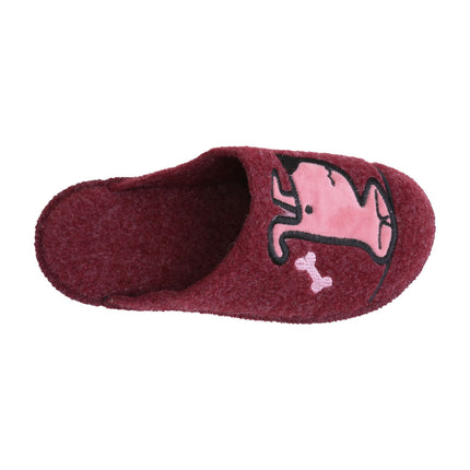 Hand-stitched women's wine-red felt slippers — angled view