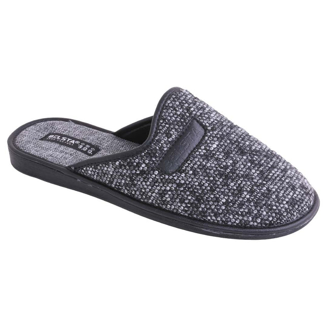 BELSTA The Charcoal Knit Slippers — men's closed-toe mule in charcoal knit textile with faux-leather badge, front view
