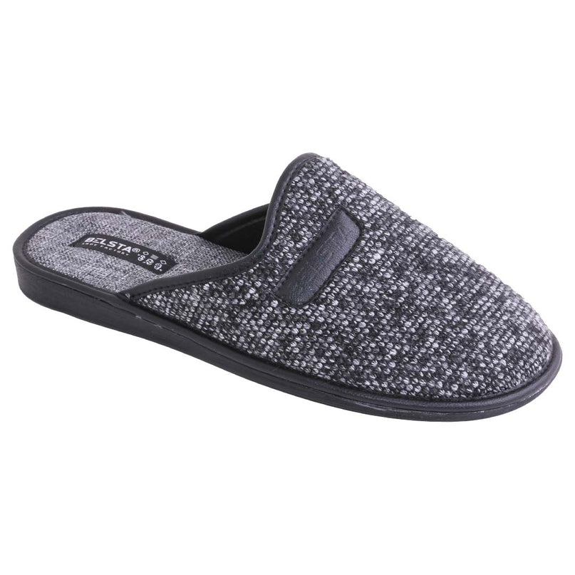 BELSTA The Charcoal Knit Slippers — men's closed-toe mule in charcoal knit textile with faux-leather badge, front view