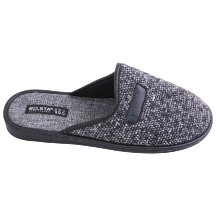 Men's charcoal knit slippers — close-up of the embossed faux-leather badge and knit weave