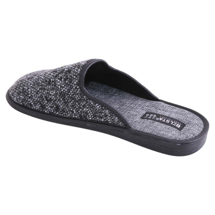 BELSTA Charcoal Knit Slippers — top view of the pair with woven burlap-look footbed