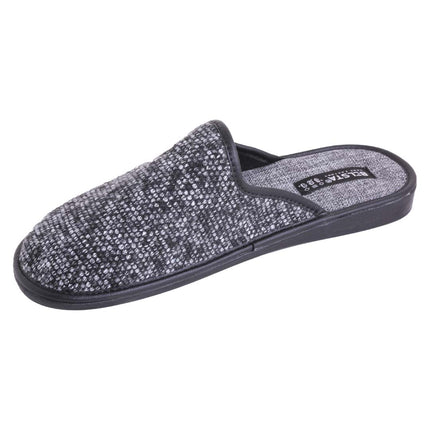 BELSTA men's charcoal knit slippers — woven burlap-look footbed