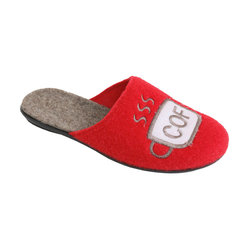 BELSTA The Coffee Felt Slippers — women's closed-toe mule in red Italian felt with COF / FEE cup applique, front view
