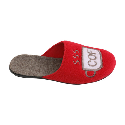 Women's red felt slippers — close-up of the COF / FEE coffee-cup applique