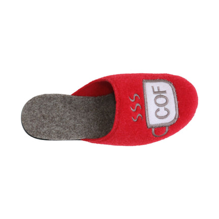 Hand-stitched women's red felt slippers — angled view