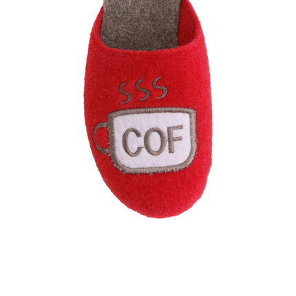 Women's red felt slippers — detail of the Italian felt and hand stitching