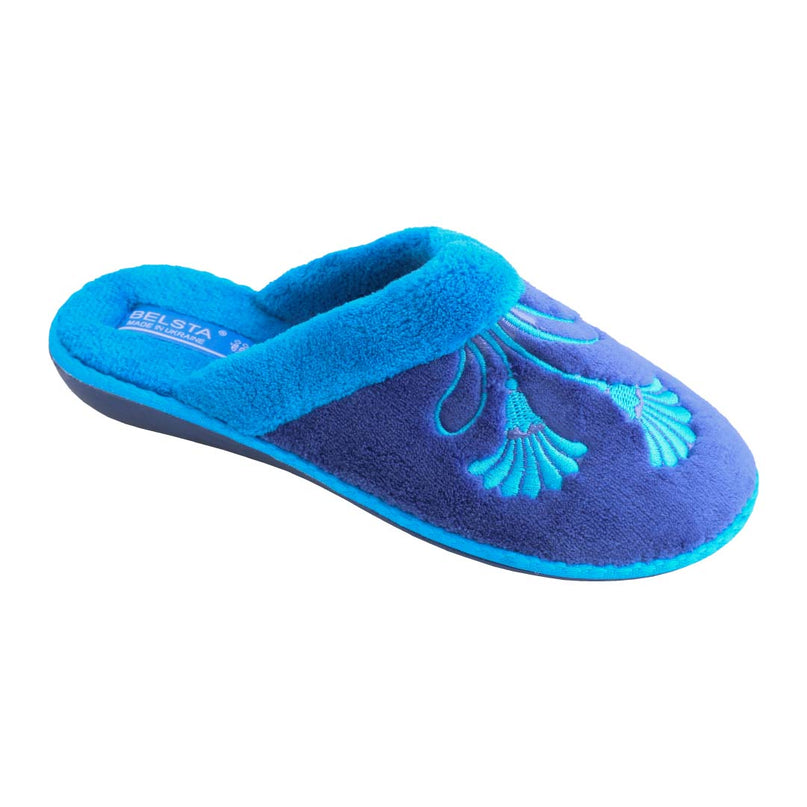 BELSTA The Cornflower Terry Slippers — women's closed-toe mule in navy terry cloth with embroidered cornflowers, front view