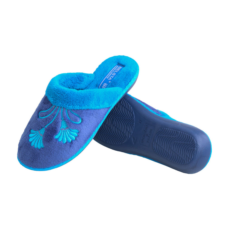 The Cornflower Terry Slippers by BELSTA — side view of the terry cloth upper and non-slip sole