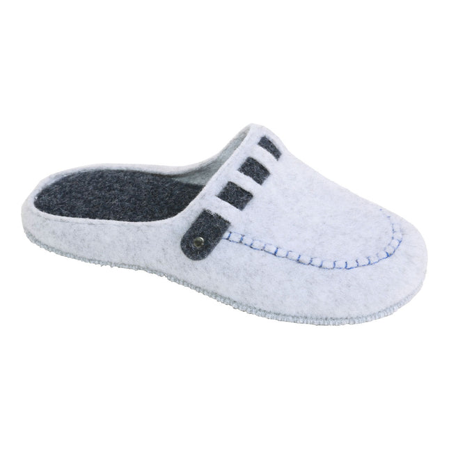 BELSTA The Fog Felt Slippers — women's loafer-style slippers in light grey Italian felt with black felt strap, front view