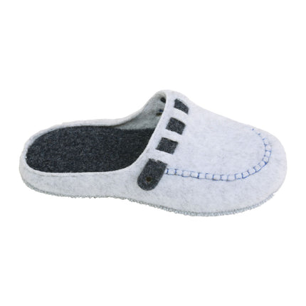 Women's light grey felt slippers — close-up of the black felt strap across the vamp