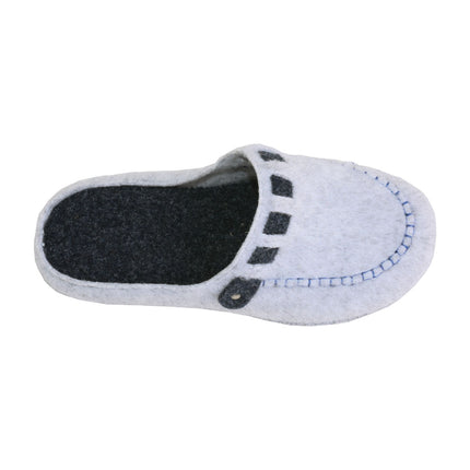 Hand-stitched women's light grey felt slippers — angled view