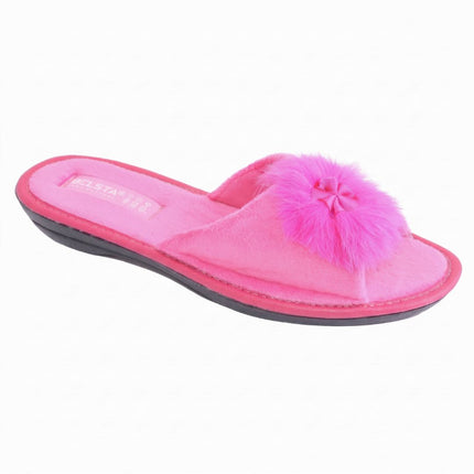BELSTA The Fuchsia Pom-Pom Slippers — women's open-toe slide in fuchsia plush velour with plush pom-pom, front view