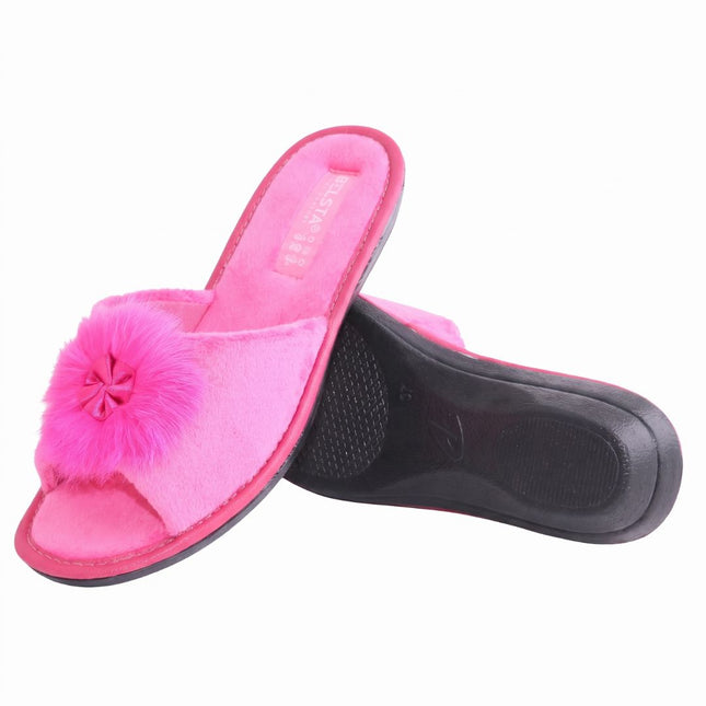 The Fuchsia Pom-Pom Slippers by BELSTA — side view of the velour upper and non-slip sole