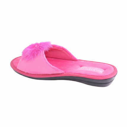 BELSTA Fuchsia Pom-Pom Slippers — top view of the pair with cushioned velour footbed