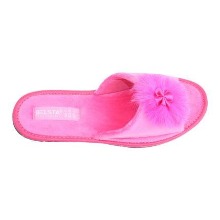 Hand-stitched women's fuchsia velour pom-pom slippers — angled view