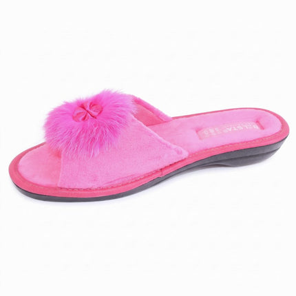 BELSTA women's fuchsia velour pom-pom slippers — cushioned velour footbed and gentle wedge