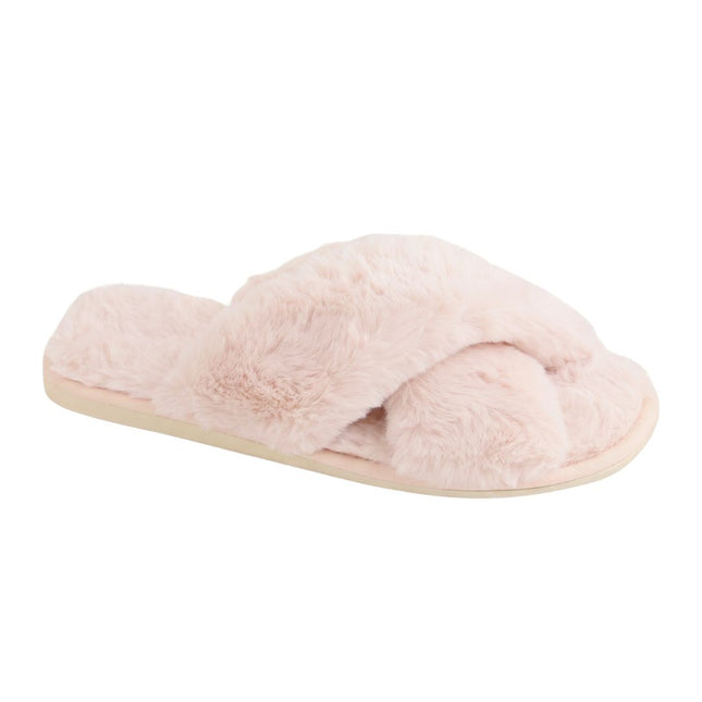 BELSTA The Ivory Fluffy Slippers — women's open-toe slide with ivory plush crossover straps, front view