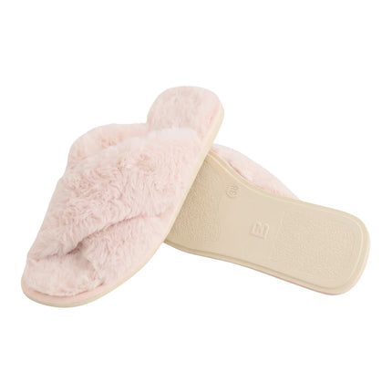 The Ivory Fluffy Slippers by BELSTA — side view of the plush crossover straps and non-slip sole