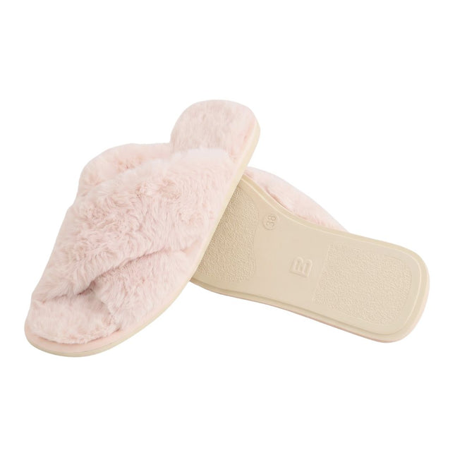 The Ivory Fluffy Slippers by BELSTA — side view of the plush crossover straps and non-slip sole
