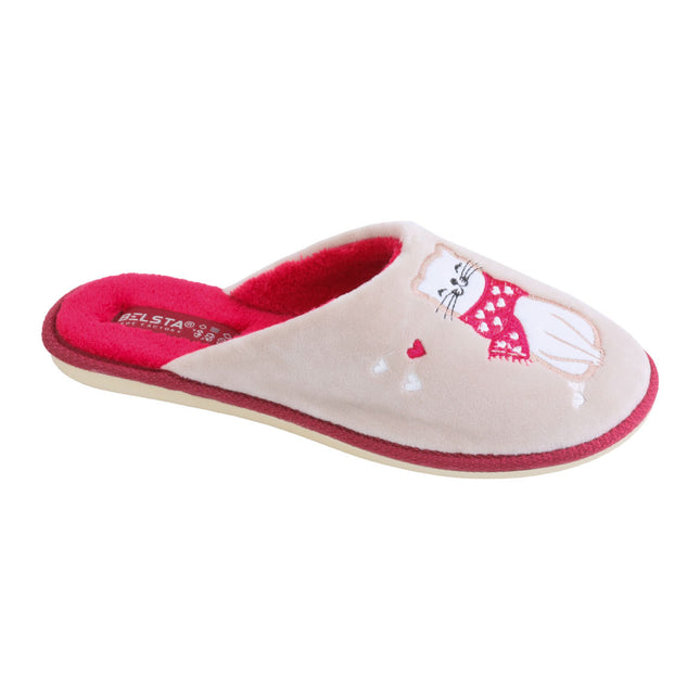 BELSTA The Kitty Velour Slippers — women's closed-toe mule in beige plush velour with embroidered cats and red trim, front view