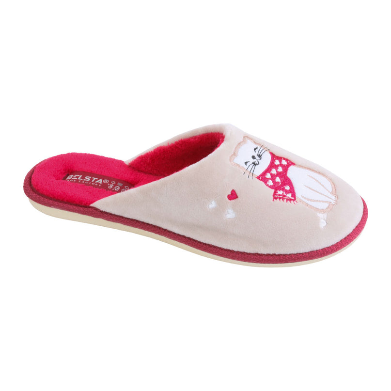 BELSTA The Kitty Velour Slippers — women's closed-toe mule in beige plush velour with embroidered cats and red trim, front view