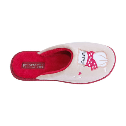 Hand-stitched women's beige velour cat slippers — angled view