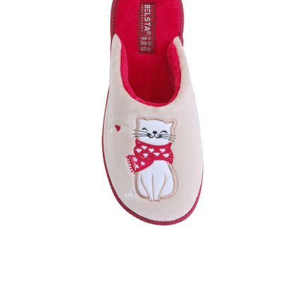 Women's beige velour cat slippers — detail of the plush velour and hand stitching