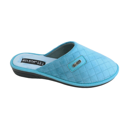 BELSTA The Lagoon Velour Slippers — women's closed-toe mule in teal quilted plush velour with faux-leather badge, front view