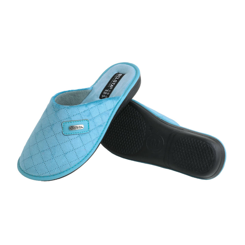 The Lagoon Velour Slippers by BELSTA — side view of the quilted velour upper and non-slip sole