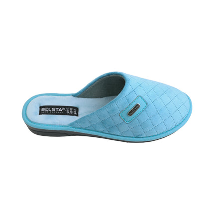 Women's teal velour slippers — close-up of the diamond quilting and faux-leather badge
