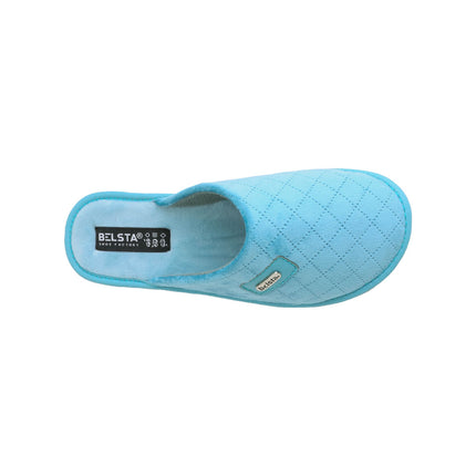 Hand-stitched women's teal velour slippers — angled view
