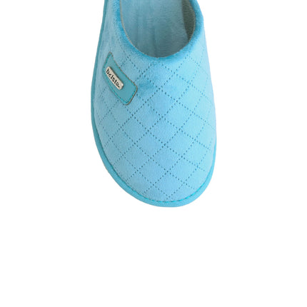 Women's teal velour slippers — detail of the quilted plush velour and hand stitching