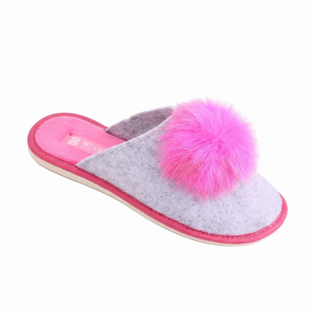BELSTA The Magenta Felt Slippers — women's closed-toe mule in light grey Italian felt with magenta plush pom-pom, front view