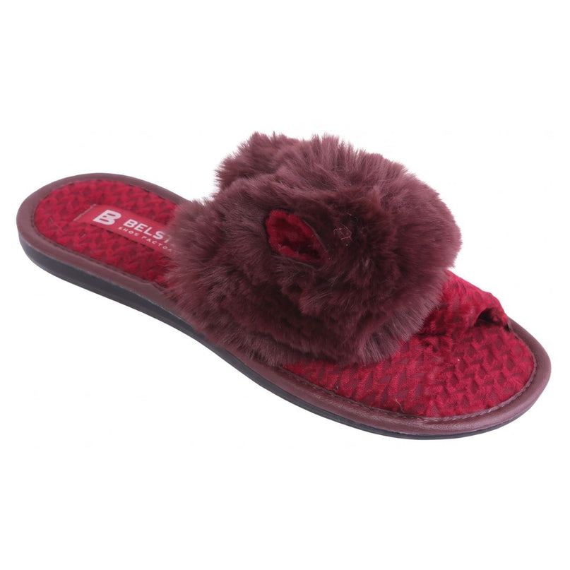 BELSTA The Merlot Plush Slippers — women's open-toe slide in merlot herringbone textile with plush band, front view