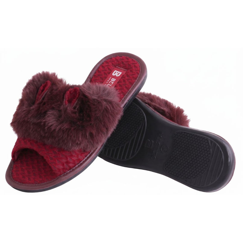 The Merlot Plush Slippers by BELSTA — side view of the herringbone textile upper and non-slip sole