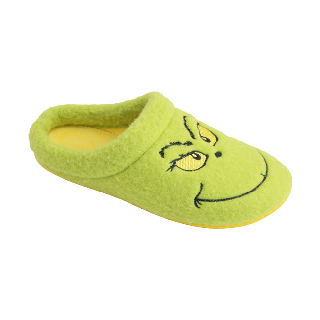 BELSTA The Mischief Wool-Blend Slippers — women's closed-toe mule in green wool-blend with embroidered grumpy face, front view