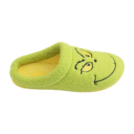 Women's green wool-blend slippers — close-up of the embroidered grumpy face with sly grin