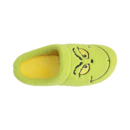 Hand-stitched green wool-blend house slippers with embroidered face — angled view
