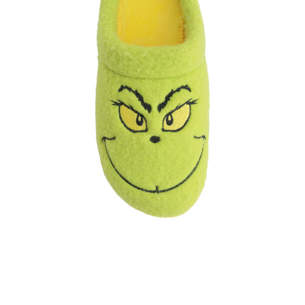 Green wool-blend slippers — detail of the fabric and hand stitching