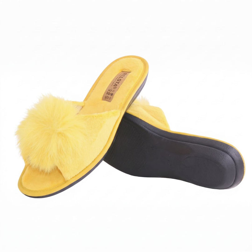 The Mustard Pom-Pom Slippers by BELSTA — side view of the velour upper and non-slip sole
