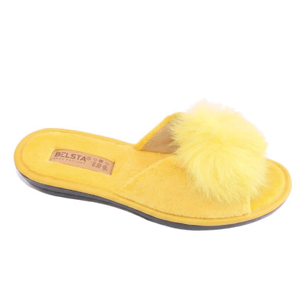 Women's mustard velour pom-pom slippers — close-up of the mustard plush pom-pom