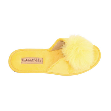 Hand-stitched women's mustard velour pom-pom slippers — angled view