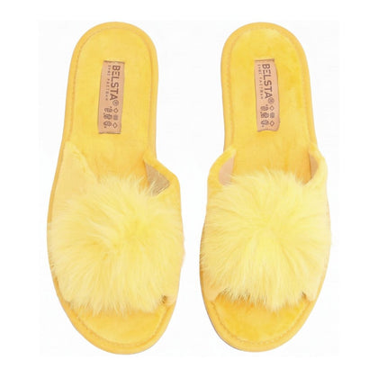 The Mustard Pom-Pom Slippers — back view of the open-toe slide with gentle wedge
