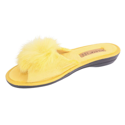 BELSTA women's mustard velour pom-pom slippers — cushioned velour footbed and gentle wedge