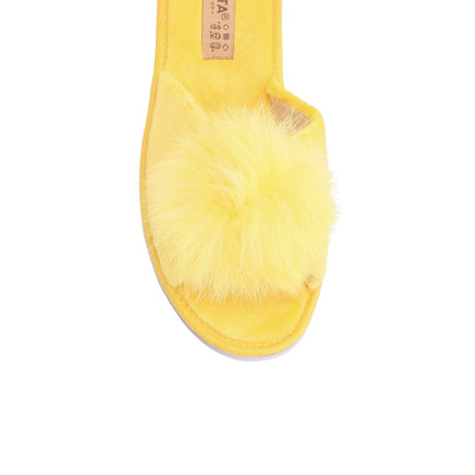 Women's mustard velour pom-pom slippers — detail of the plush velour and hand stitching