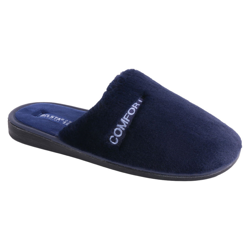BELSTA The Onyx Plush Slippers — men's closed-toe mule in black plush with COMFORT embroidery, front view